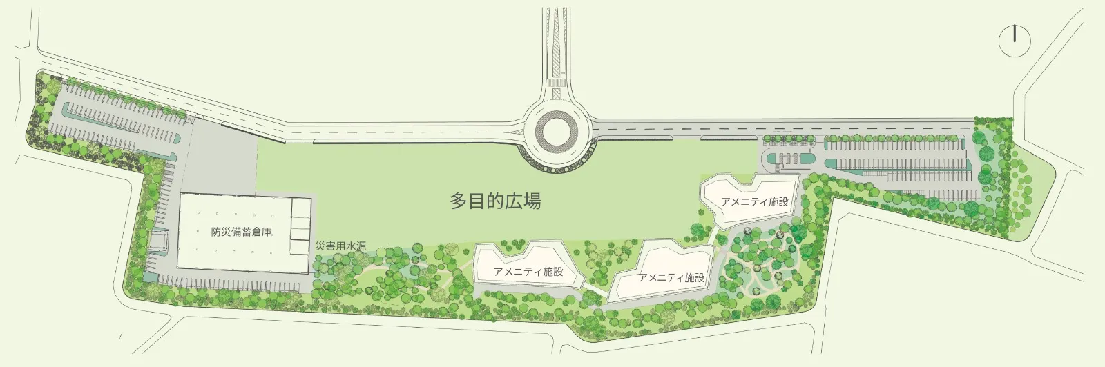 防災拠点の配置図：防災備蓄倉庫、防災拠点専用井戸、多目的広場、アメニティ施設